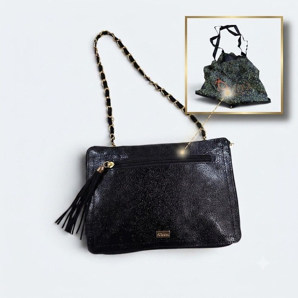 70's BAG Black Shimmer 2-in-1 Convertible Reusable Shopping Tote Bag Compact